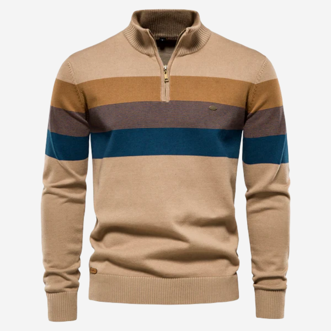 Men's striped quarter-zip mock neck sweater with long sleeves