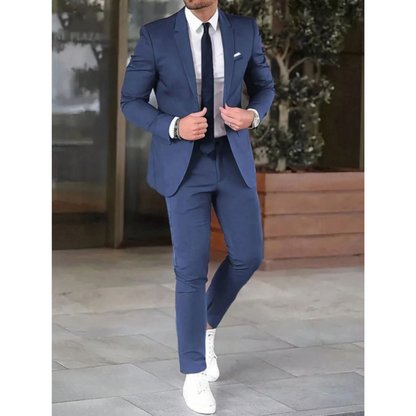 Men's two-piece suit with notched-lapel jacket and slim trousers
