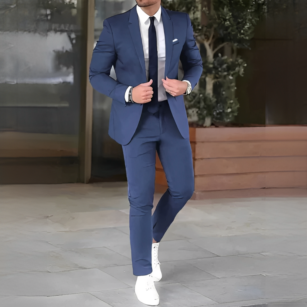 Men's two-piece suit set with notched lapel jacket and matching slim trousers
