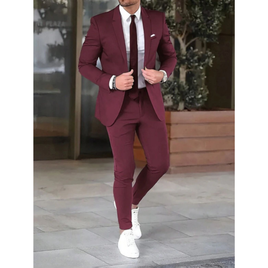 Men's two-piece suit with notched-lapel jacket and slim trousers
