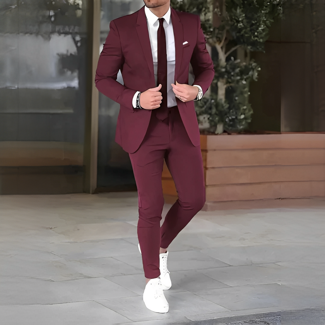 Men's two-piece suit set with notched lapel jacket and matching slim trousers