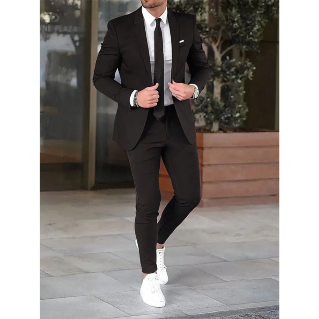 Men's two-piece suit with notched-lapel jacket and slim trousers