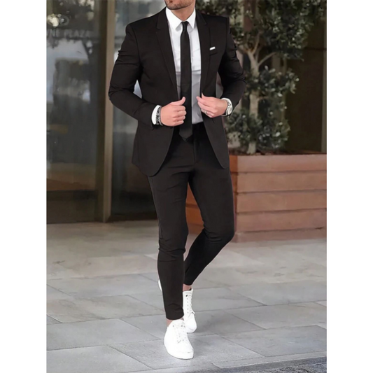 Men's two-piece suit with notched-lapel jacket and slim trousers