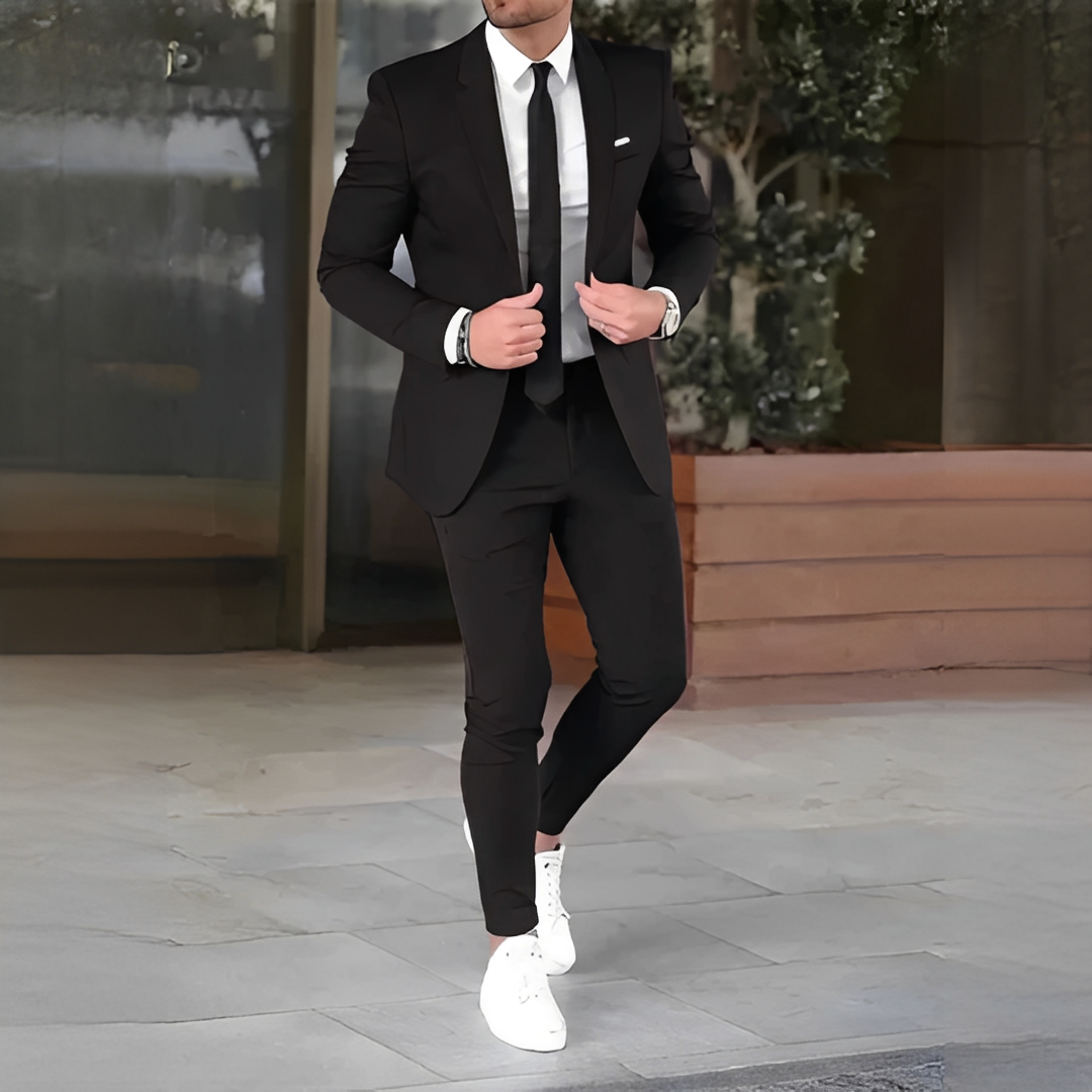 Men's two-piece suit set with notched lapel jacket and matching slim trousers