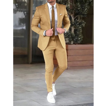 Men's two-piece suit with notched-lapel jacket and slim trousers
