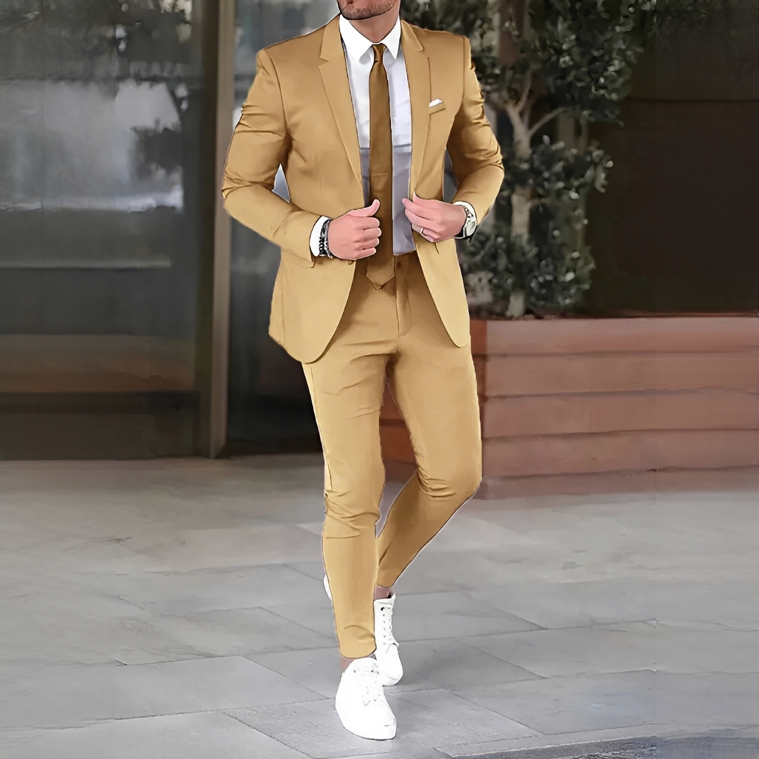 Men's two-piece suit set with notched lapel jacket and matching slim trousers