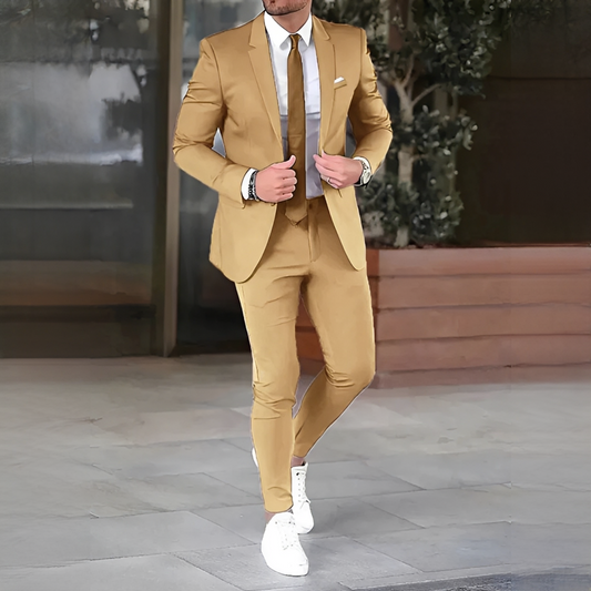 Men's two-piece suit set with notched lapel jacket and matching slim trousers
