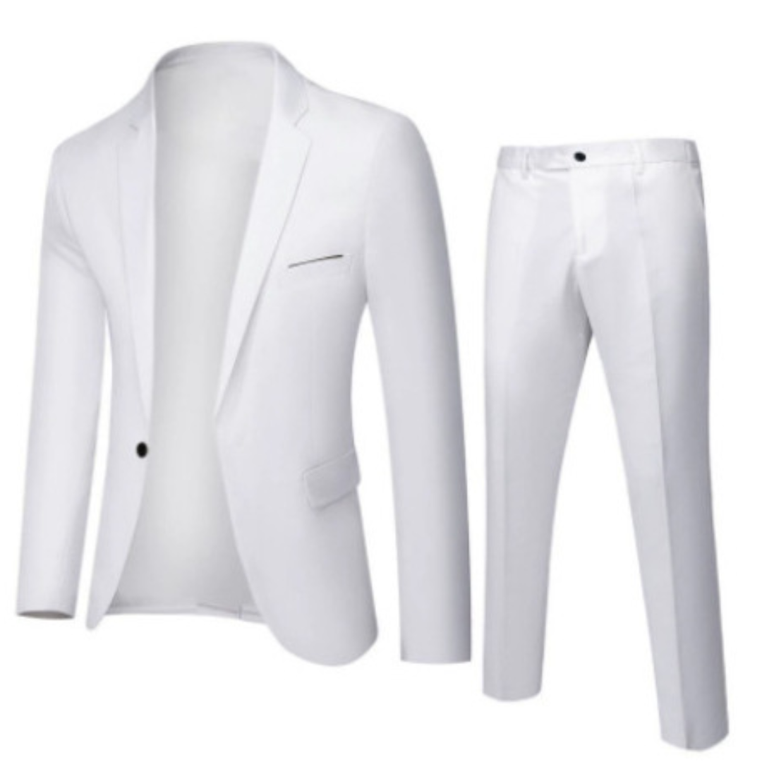 Men's two-piece suit with notched-lapel jacket and slim trousers