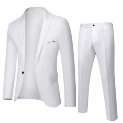 Men's two-piece suit with notched-lapel jacket and slim trousers