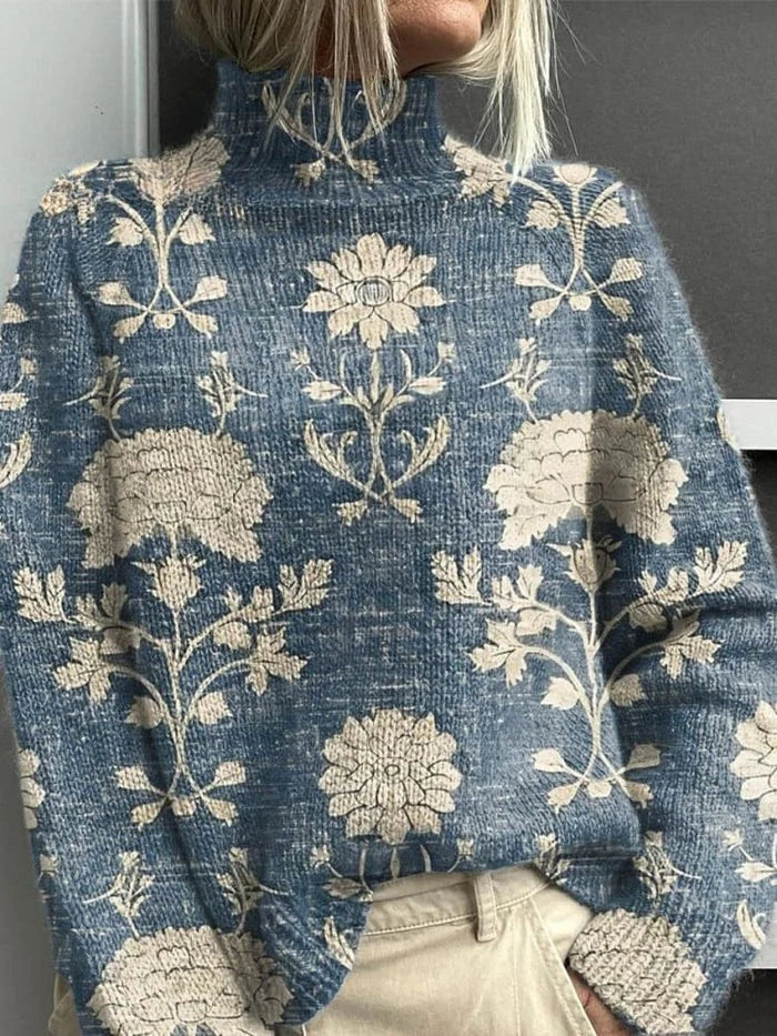 Women's long-sleeve patterned turtleneck sweater shown in illustrated and abstract designs