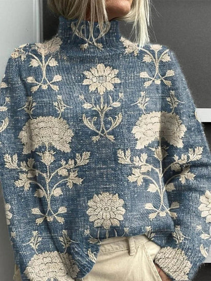 Women's long-sleeve patterned turtleneck sweater shown in illustrated and abstract designs