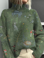 Women's long-sleeve patterned turtleneck sweater shown in illustrated and abstract designs