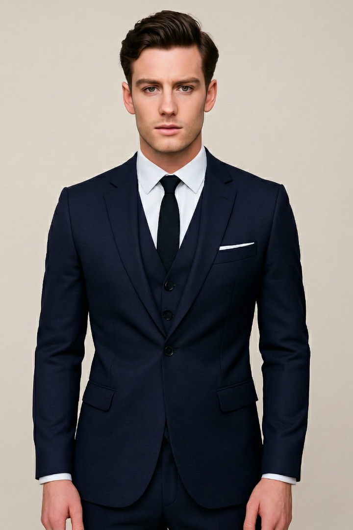 Men's three-piece suit with notched lapel jacket and waistcoat