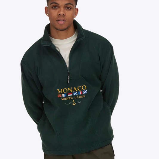 Men's quarter-zip mock neck sweater with graphic front and pouch pocket