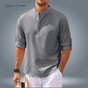 Men's textured mandarin collar shirt with button placket and roll-tab sleeves