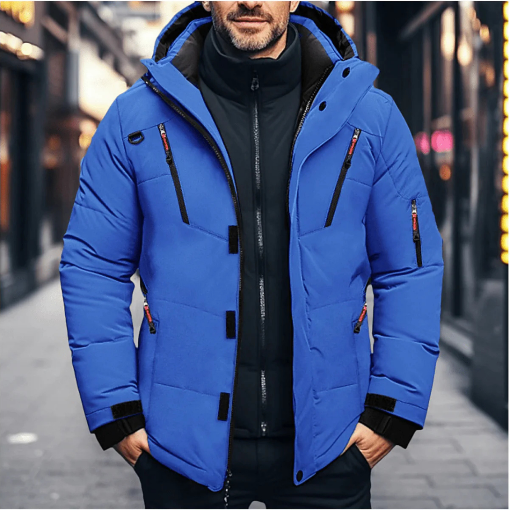 Men's quilted hooded winter jacket with zipped pockets and snap placket
