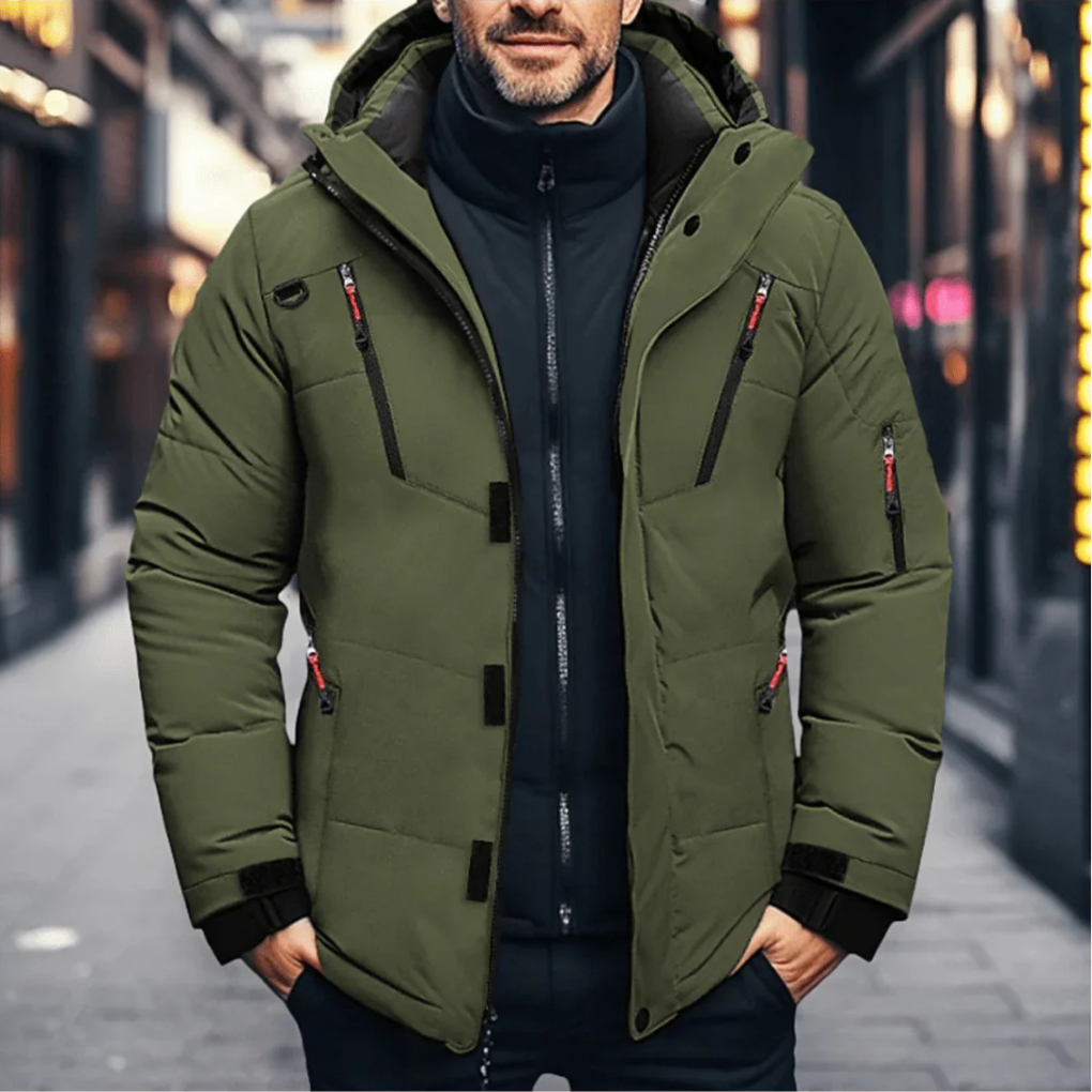 Men's quilted hooded winter jacket with zipped pockets and snap placket