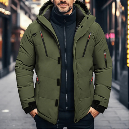 Men's quilted hooded winter jacket with zipped pockets and snap placket