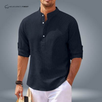 Men's textured mandarin collar shirt with button placket and roll-tab sleeves