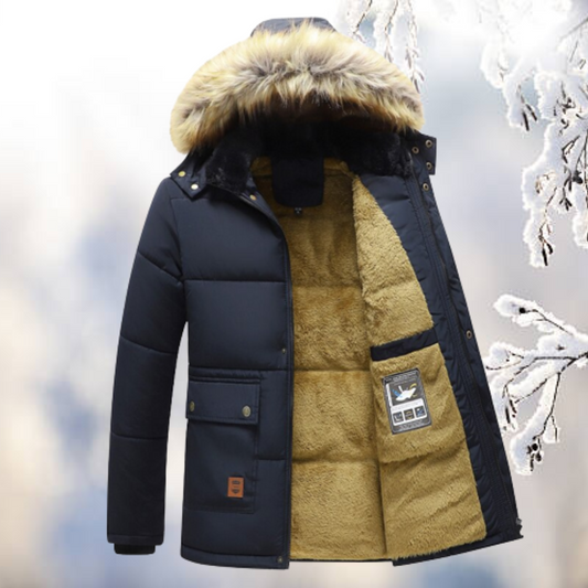 Men's hooded quilted parka with fur-look trim and plush-look lining
