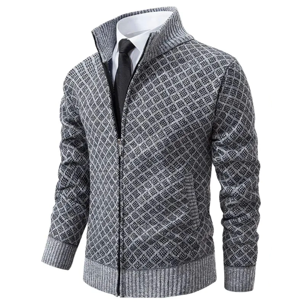 Men's geometric patterned zip-up sweater with stand collar and ribbed trims