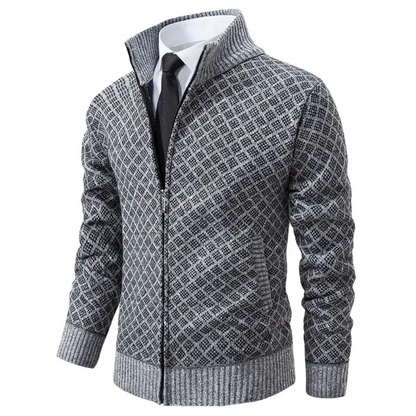 Men's geometric patterned zip-up sweater with stand collar and ribbed trims