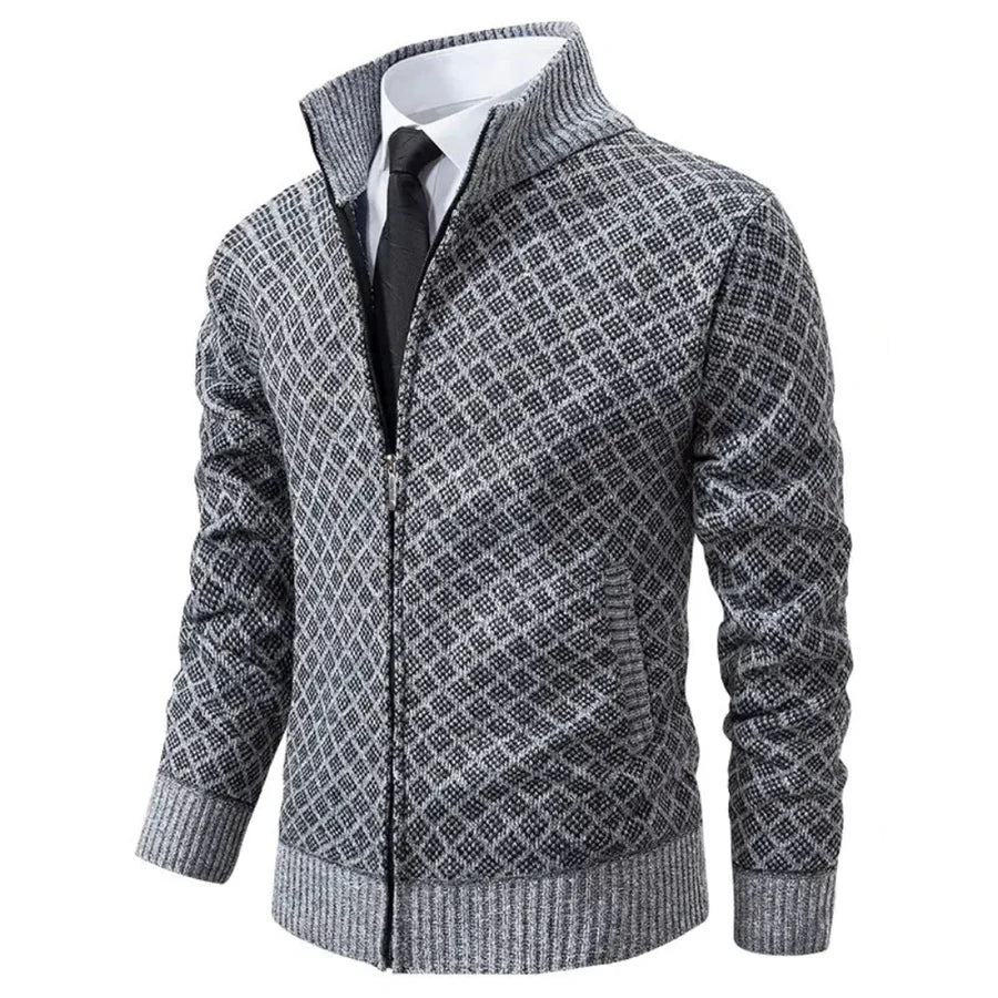 Men's geometric jacquard zip cardigan with mock neck and ribbed trims