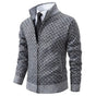 Men's geometric jacquard zip cardigan with mock neck and ribbed trims