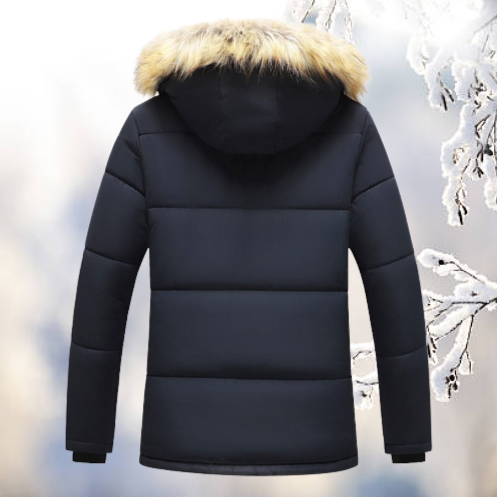 Men's hooded quilted parka with fur-look trim and plush-look lining