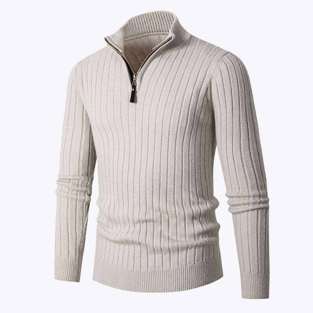 Men's ribbed quarter-zip sweater with mock neck and long sleeves