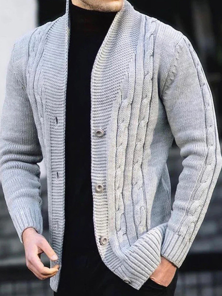 Men's ribbed knit cardigan with wide collar, long sleeves and button front