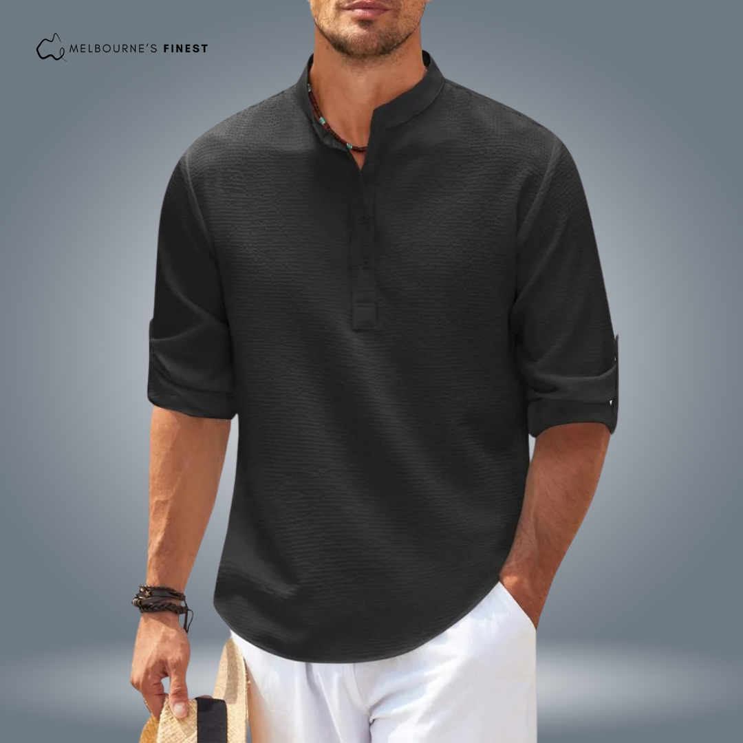 Men's textured mandarin collar shirt with button placket and roll-tab sleeves