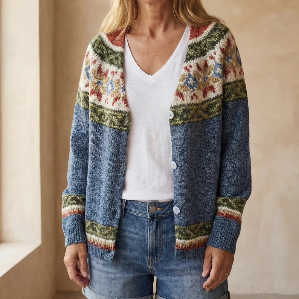 Women's short Fair Isle jacquard cardigan with V-neck and button front