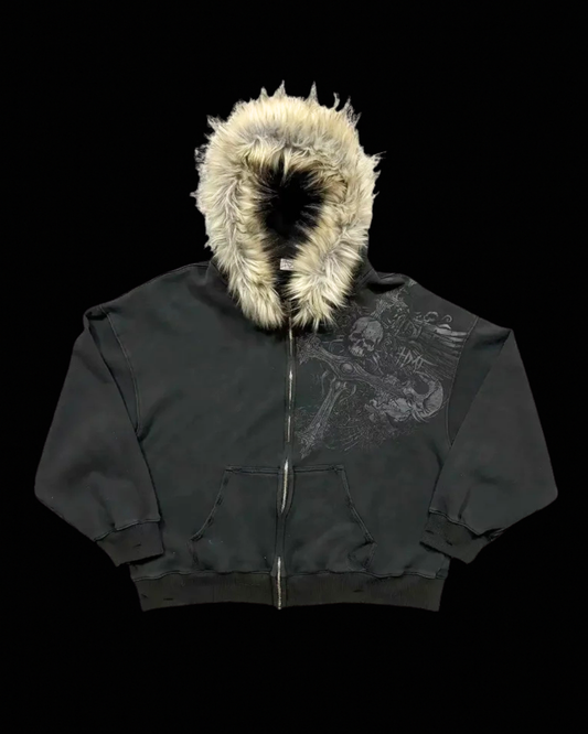 Hooded zip hoodie with contrasting faux fur trim and front pocket