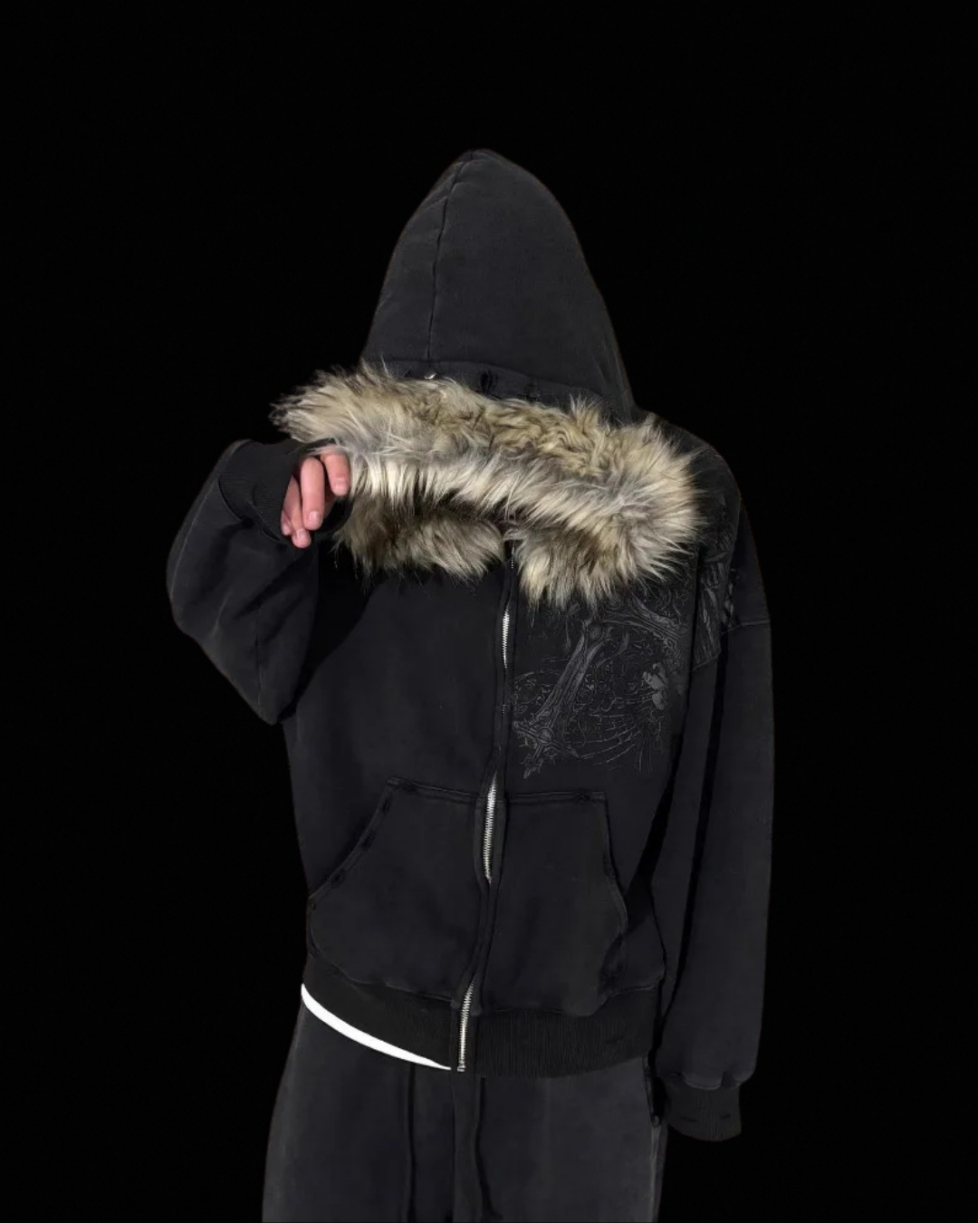 Hooded zip hoodie with contrasting faux fur trim and front pocket