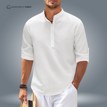 Men's textured mandarin collar shirt with button placket and roll-tab sleeves