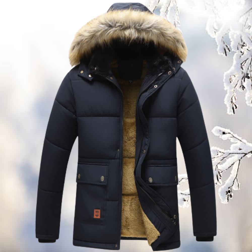 Men's hooded quilted parka with fur-look trim and plush-look lining