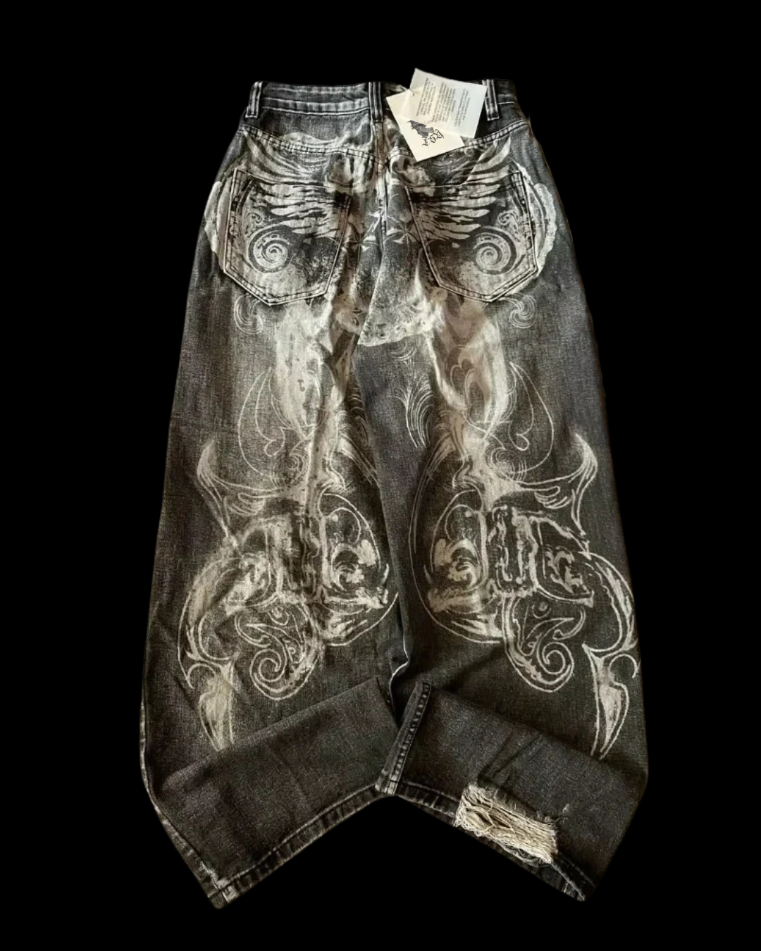 Black wide-leg jeans with white abstract graphics, rear pockets and distressed hems