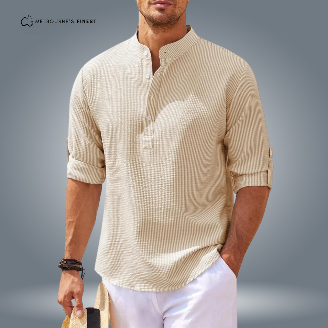 Men's textured mandarin collar shirt with button placket and roll-tab sleeves