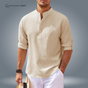 Men's textured mandarin collar shirt with button placket and roll-tab sleeves
