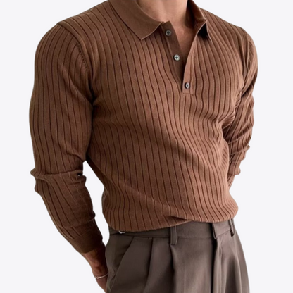 Men's long-sleeve ribbed polo sweater with collared neckline and button placket