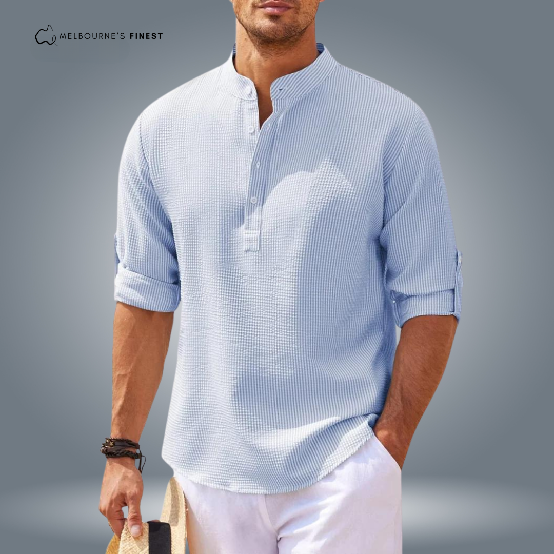 Men's textured mandarin collar shirt with button placket and roll-tab sleeves