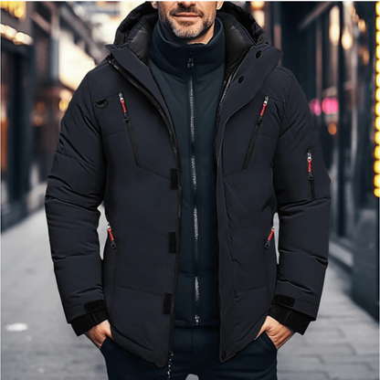 Men's quilted hooded winter jacket with zipped pockets and snap placket