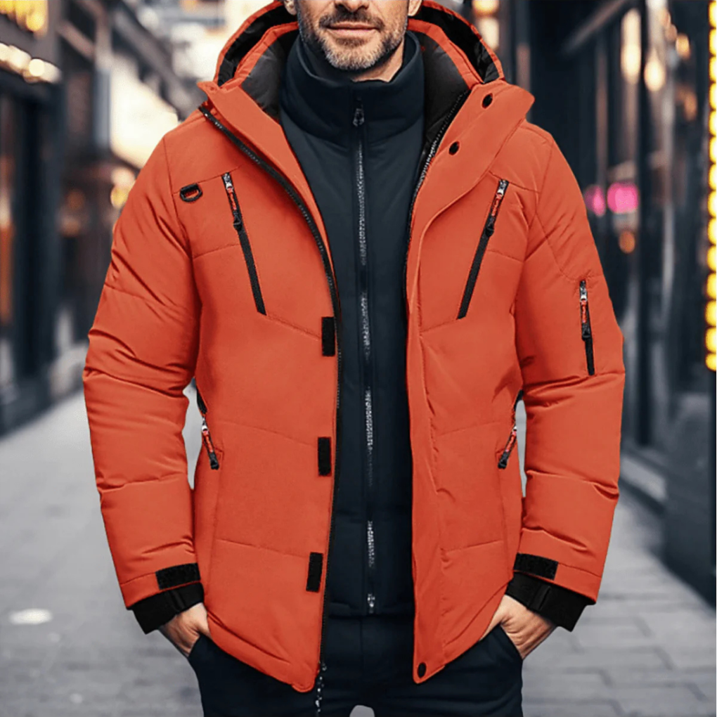 Men's quilted hooded winter jacket with zipped pockets and snap placket