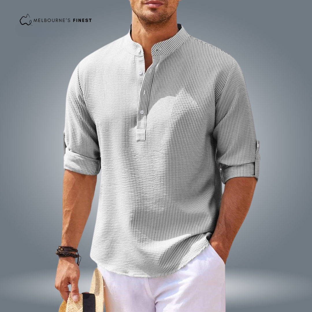 Men's textured mandarin collar shirt with button placket and roll-tab sleeves