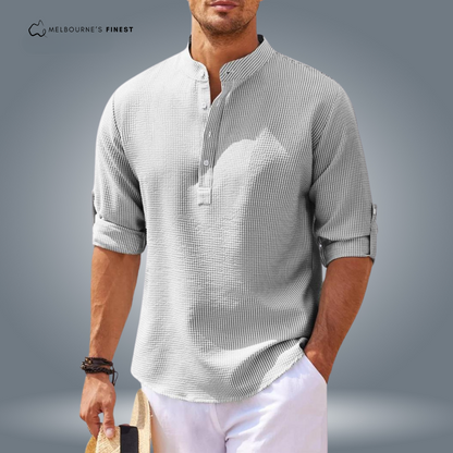 Men's textured mandarin collar shirt with button placket and roll-tab sleeves
