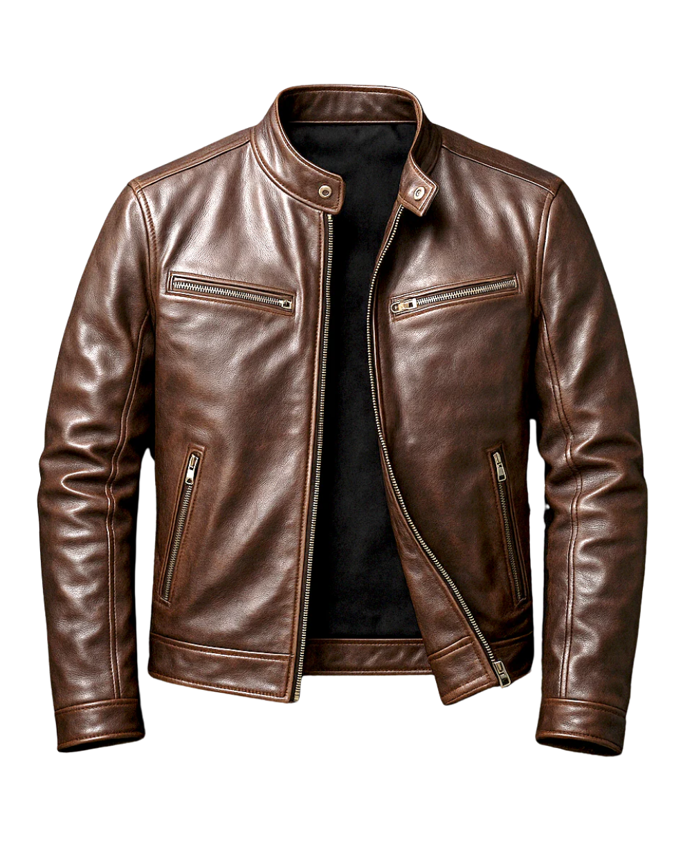 Men's leather biker jacket with standing collar and zip pockets