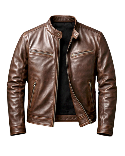 Men's leather biker jacket with standing collar and zip pockets