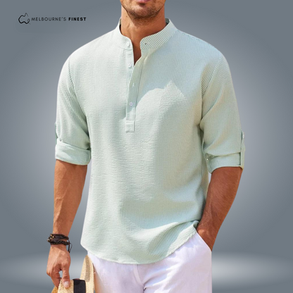 Men's textured mandarin collar shirt with button placket and roll-tab sleeves