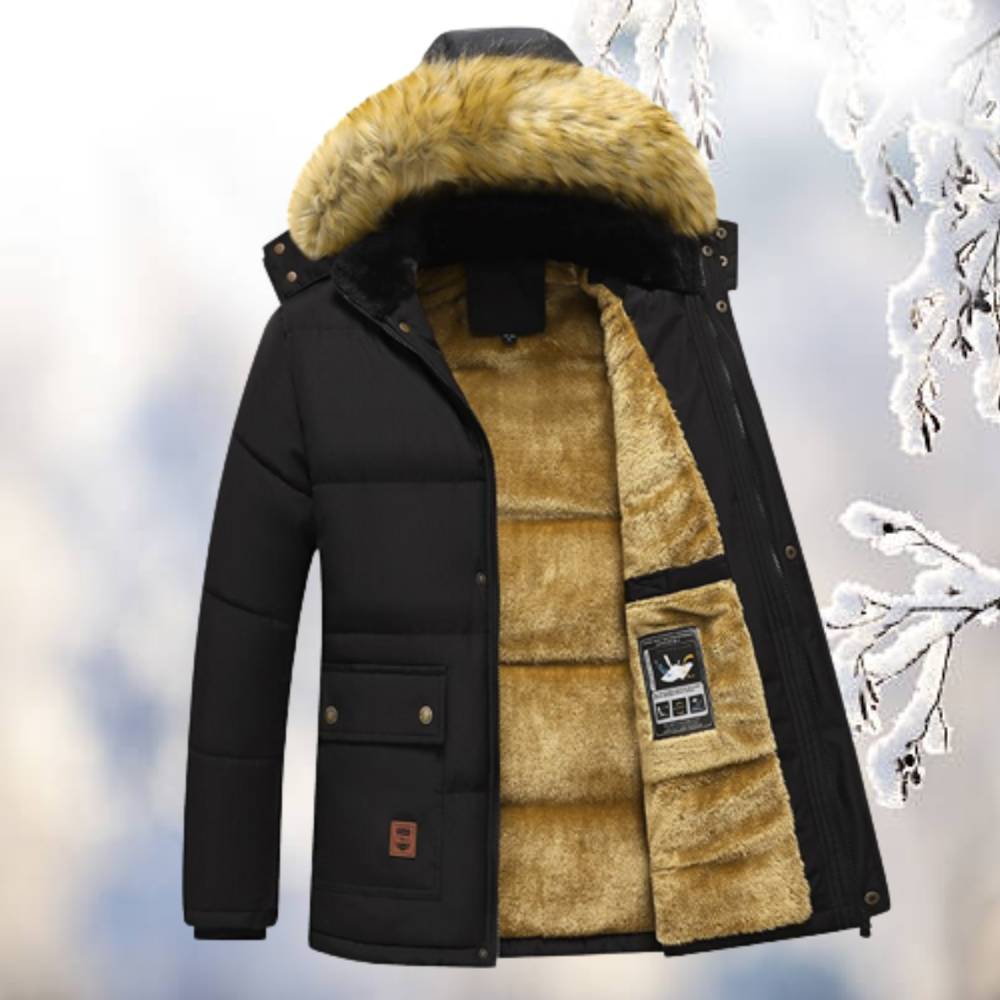 Men's hooded quilted parka with fur-look trim and plush-look lining